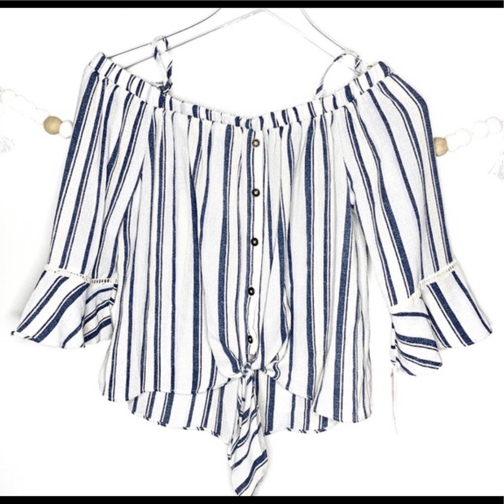 Off the shoulder blue and white stripe shirt.